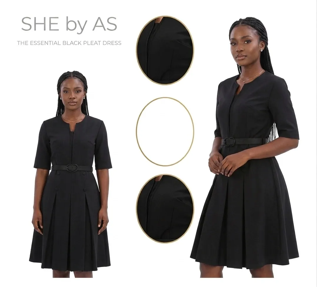 Black pleated midi Dress | Belted office dress | Corperate dress for women | She by AS for sale in Kumasi Metropolitan, Ashanti Region