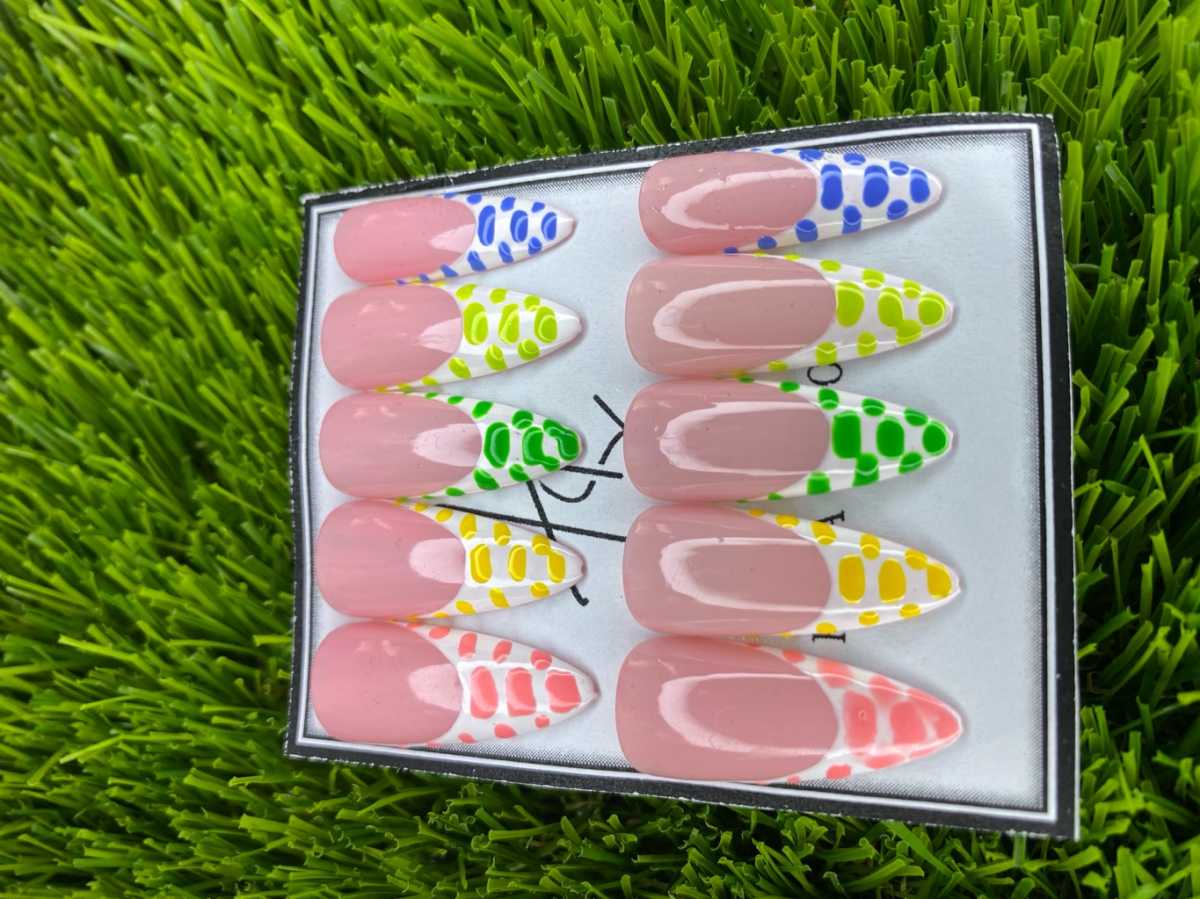 New Handmade 20-Piece Colourful Polka-Dot French Tip Press-on Nails for sale in East Legon, Greater Accra, Ghana